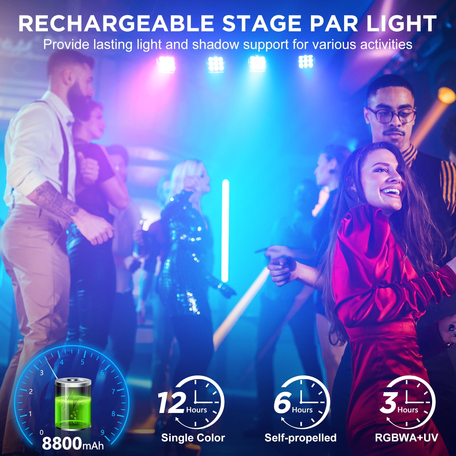 Battery Rechargeable Stage Par Lights, 9X18W RGBW+UV 6-IN-1 8800 mAh Remote/APP/DMX512 Control for Wedding Birthday Christmas Holiday Party Stage Lighting
