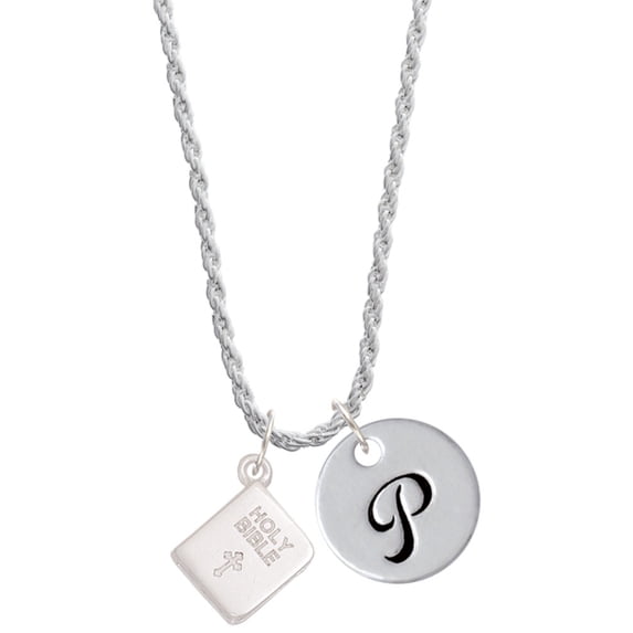 Delight Jewelry Silvertone Holy Bible Silvertone Script Initial Disc - P - Charm Necklace, 20"+3"