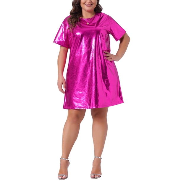Vestido formal de mujer plus size Agnes Orinda, con cuello redondo metálico, mangas cortas, ideal para fiestas y clubes, vestido mini tipo camiseta 3X en color rosa intenso.