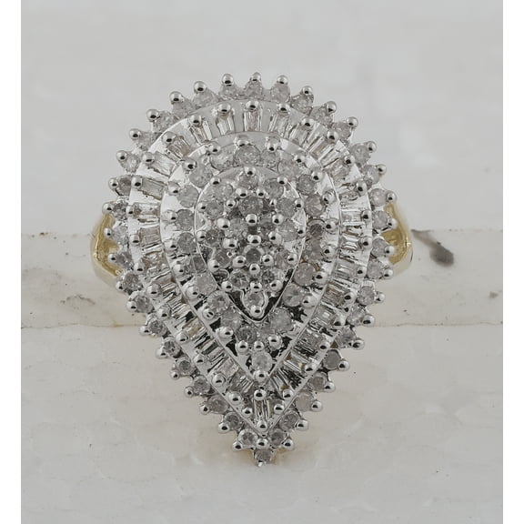 10kt Yellow Gold Womens Round Baguette Diamond Teardrop Cluster Ring 1.00 Cttw