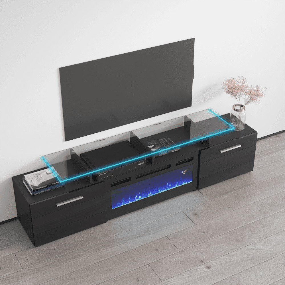 Rova BL-EF Fireplace TV Stand for TVs up to 85", Modern High Gloss 75" Entertainment Center, Electric Fireplace TV Media Console with Storage Cabinets and LED Lights