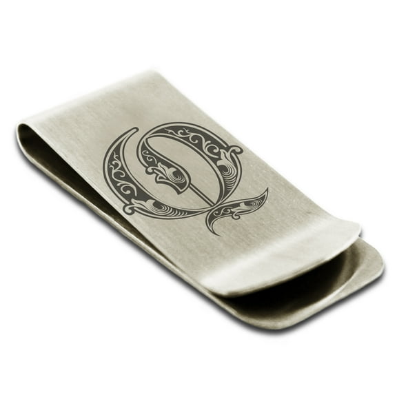 Tioneer Stainless Steel Letter Q Initial Royal Monogram Engraved Engraved Money Clip Credit Card Holder