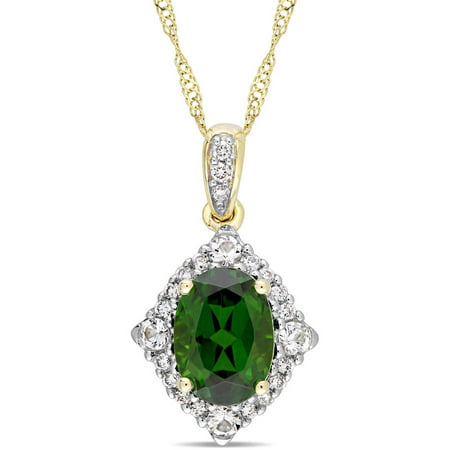 Tangelo 1-3/4 Carat T.G.W. Chrome Diopside, White Sapphire and 1/10 Carat T.W. Diamond 14kt Yellow Gold Vintage Halo Pendant, 17