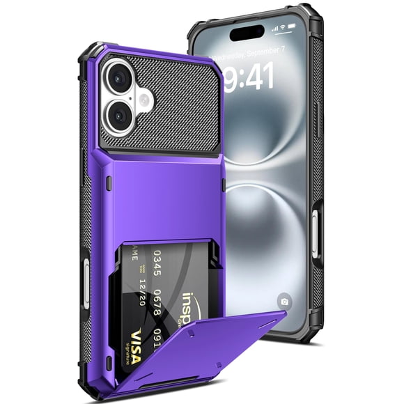 Funda tipo cartera COOYA para iPhone 16 de 6,1 pulgadas, color morado, 5 ranuras para tarjetas