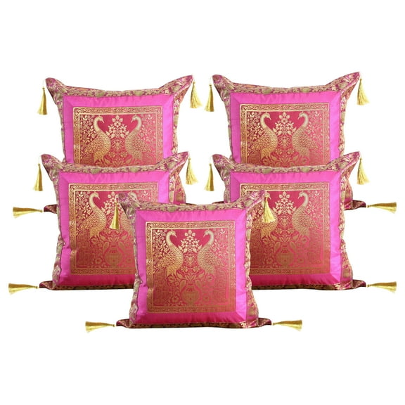 Stylo Culture Ethnic Brocade Decorative Throw Pillow Covers Magenta Pink Gold 18 x 18 Jacquard Tassels Couch Cushion Covers 45x45 cm Polydupion Silk Zippered Peacock Square Pillowcases | Set Of 5