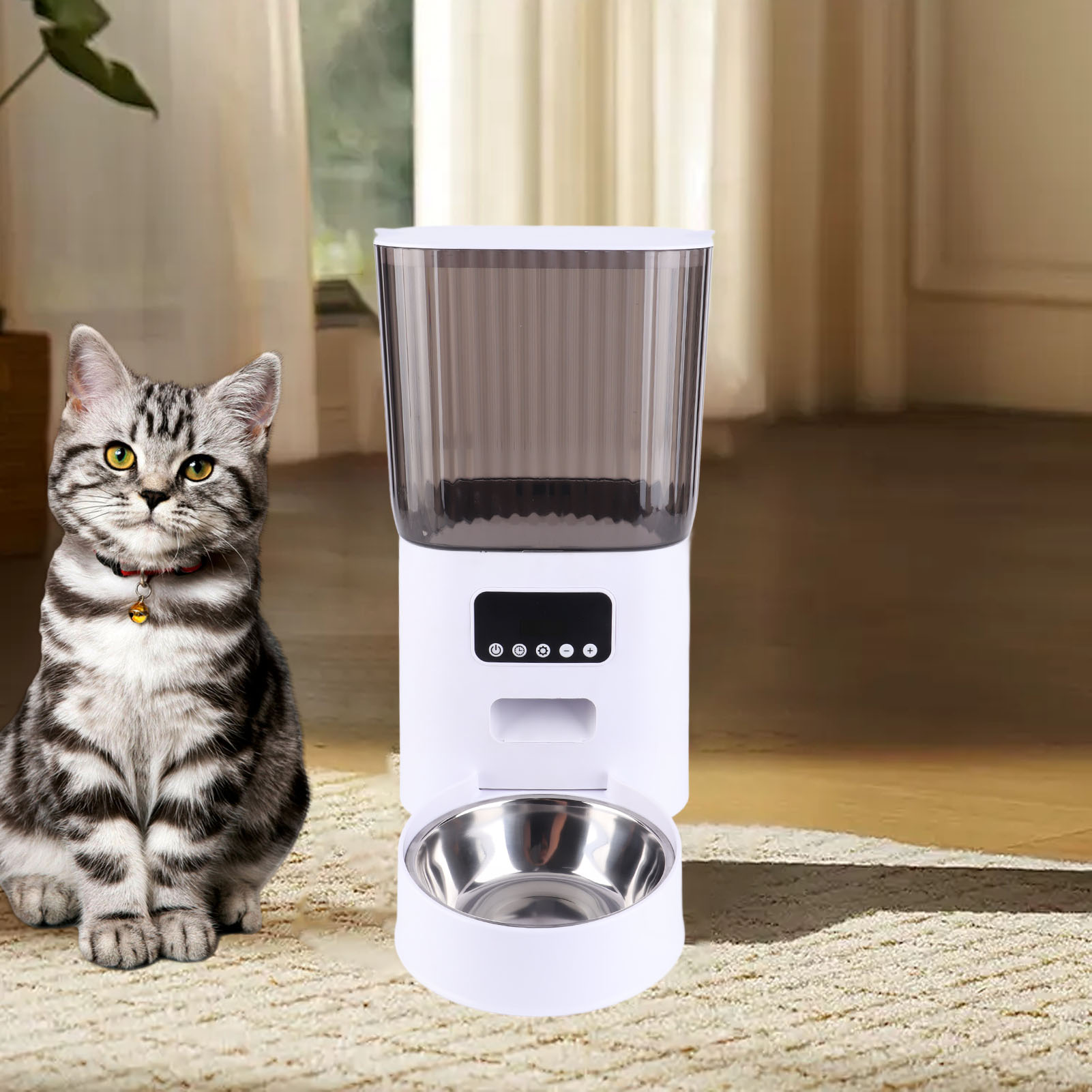 LAZIOEGR 5L Automatic Pet Feeder Smart Cat Dog Food Dispenser Stainless Steel Single Bowl Button Type Portion Control Voice Record (9.84 x 7.87 inches / 25 x 20 cm)