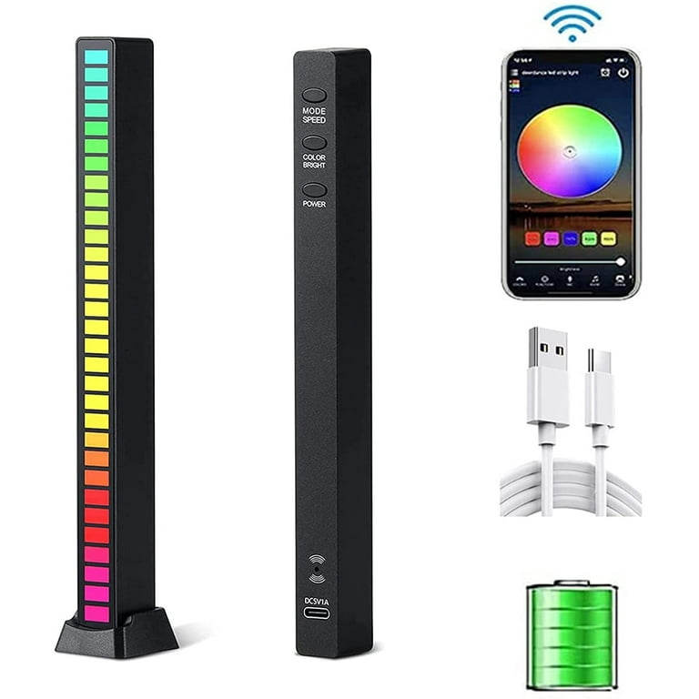 RGB Sound Control Pickup Rhythm Light, 32 Bit Colorful Music Ambient LED  Light Bar, Built-in Battery, USB Connection with APP, Atmosphere Light for