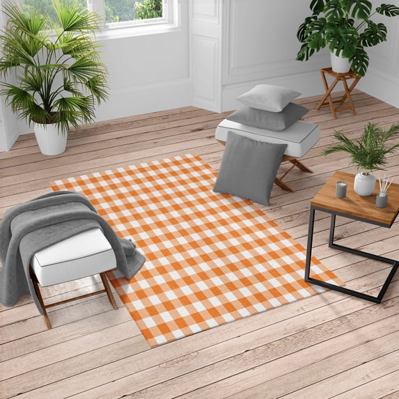 Plaid Turkish Area Rug, Lumberjack Fashion Buffalo Checks Pattern Retro Style Grid Composition, Soft Carpet for Living Room Decor with Distressed Look, 2.6' x 5', Marigold and White, by Ambesonne