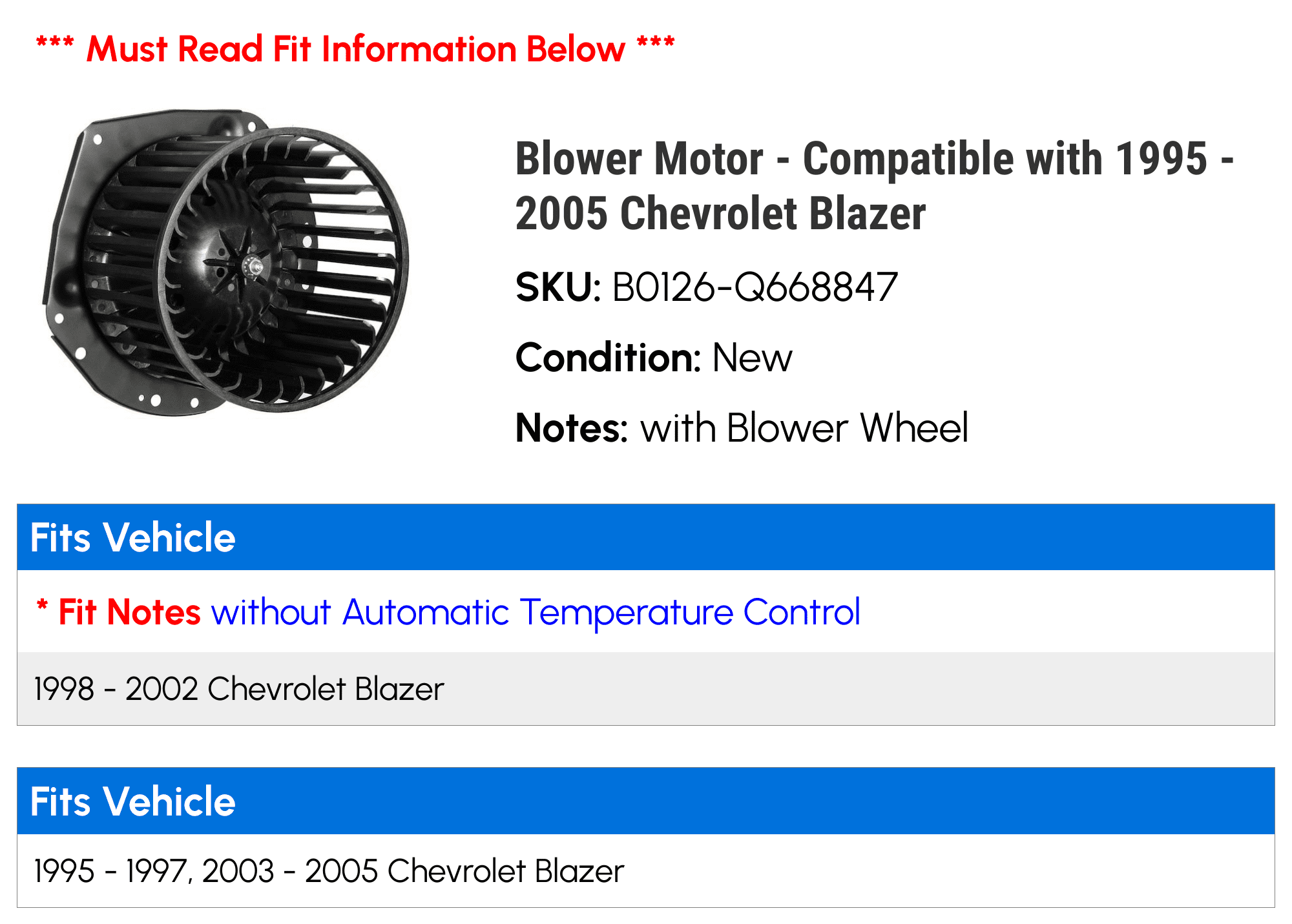 Blower Motor - Compatible with 1995 - 2005 Chevy Blazer 1996 1997 1998 1999 2000 2001 2002 2003 2004