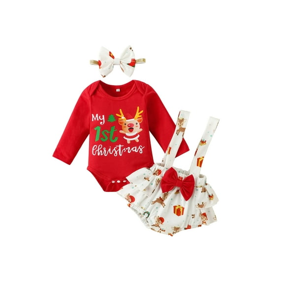 Douhoow My 1st Christmas Baby Girls Clothes,Elk Print Long Sleeve Romper+Suspender Shorts