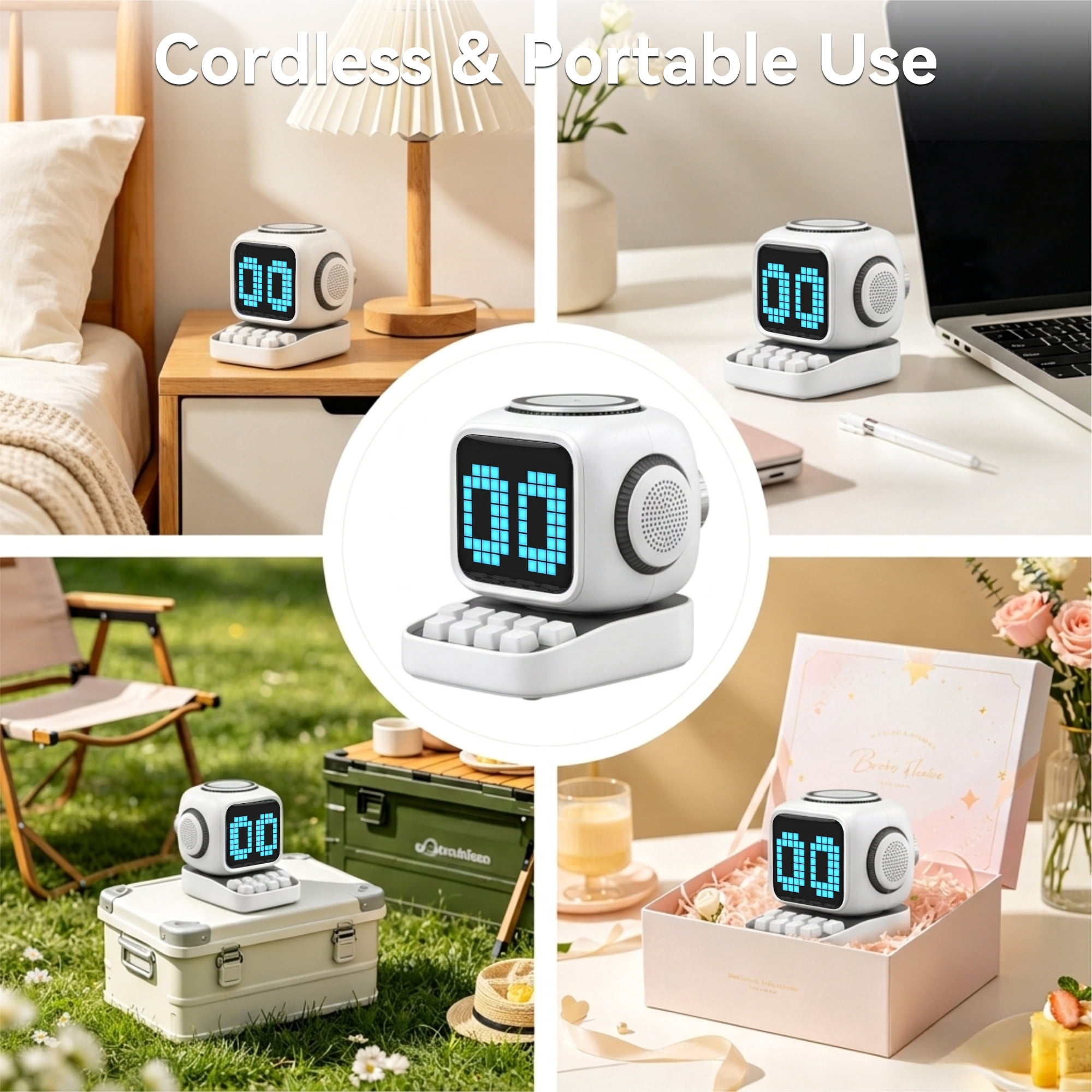 DAYBETTER Adorable Pixel Bluetooth Speaker, Portable Multi-Function Speaker with Alarm, Timer & White Noise, Ideal Gift for Boys, Girls, Kids (White)