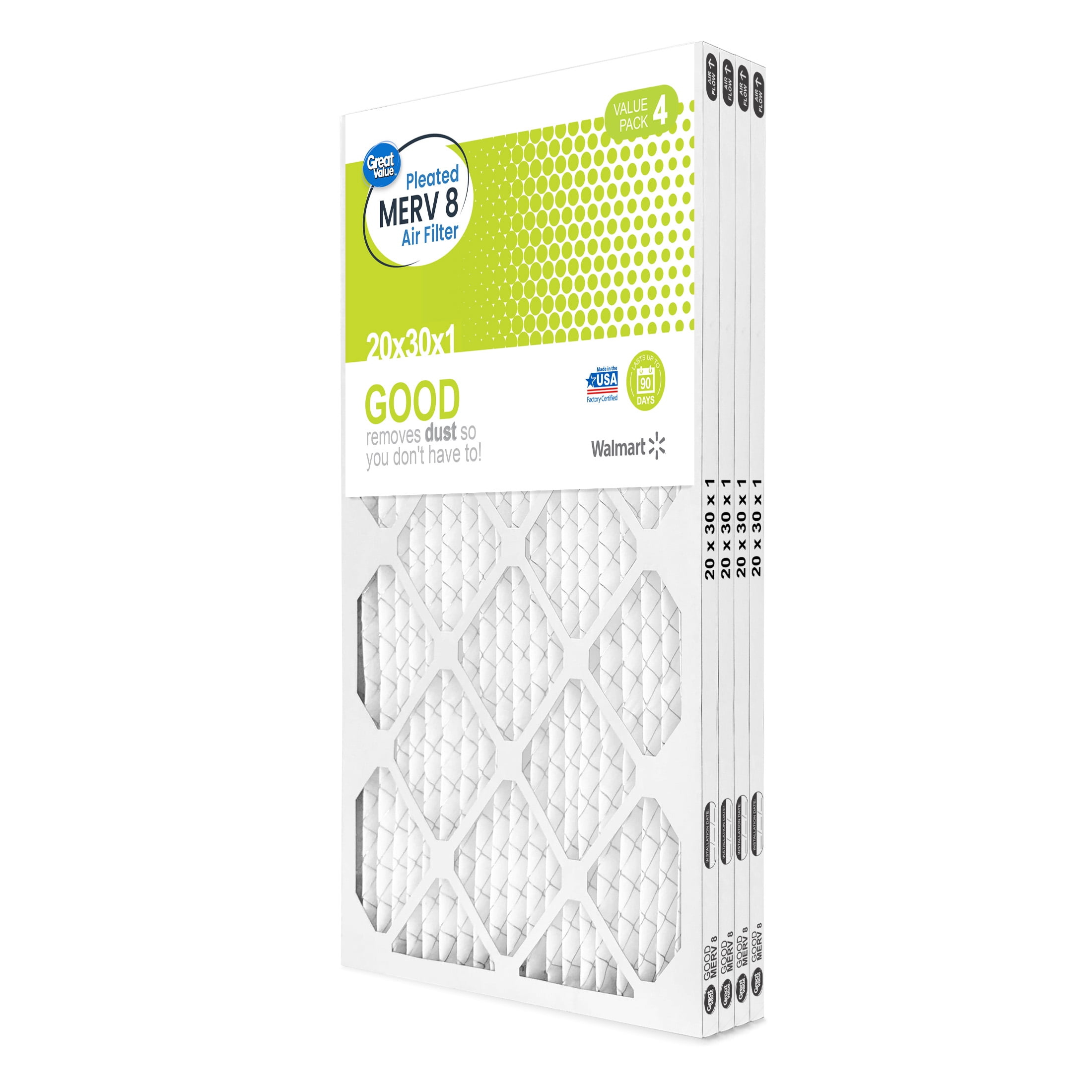 Great Value, 20x30x1, MERV 8 GOOD HVAC Air and Furnace Filter, Captures Dust, 4 Filters