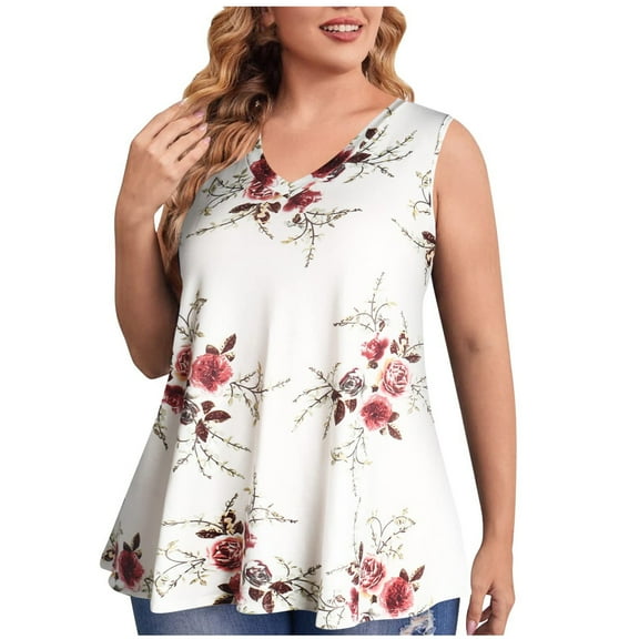 USSUMA Summer Tops For Women Trendy Womens Plus Size V Neck Henley Tank Tops Summer Sleeveless Floral Print Flowy Casual Tunic Tops Shirts