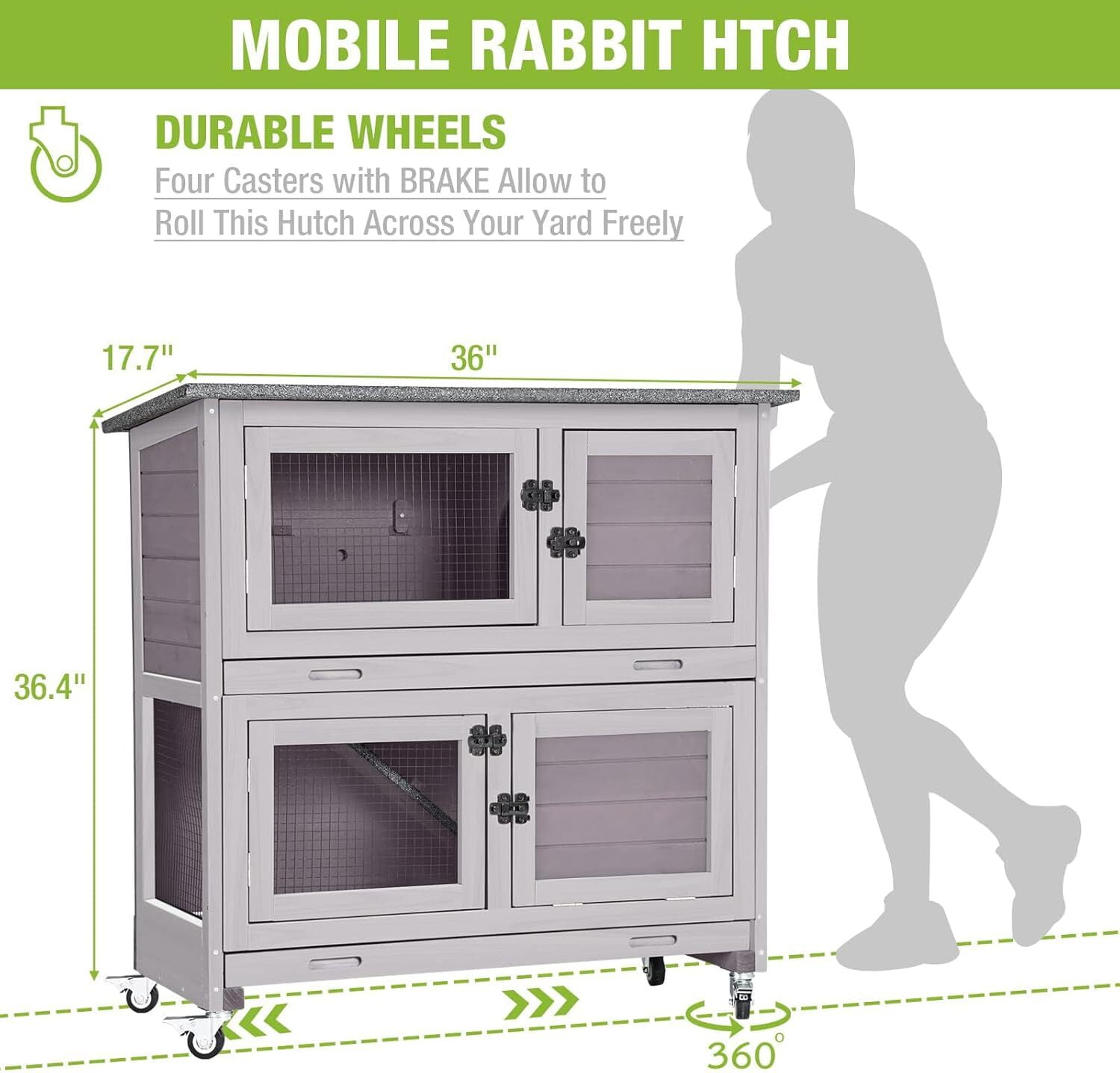 MEDEHOO Rabbit Hutch Bunny Cage, Guinea Pig Cage Bunny Hutch Indoor, Wood Pet Cage with 4 Casters -2 Story & 2 Trays (Grey)
