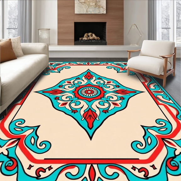 ODIKA 4'x6' Machine Washable Non-Slip Area Rug, Desert Medallion with Spiraling Botanical Accents High Traffic Rug, Beige, 448172