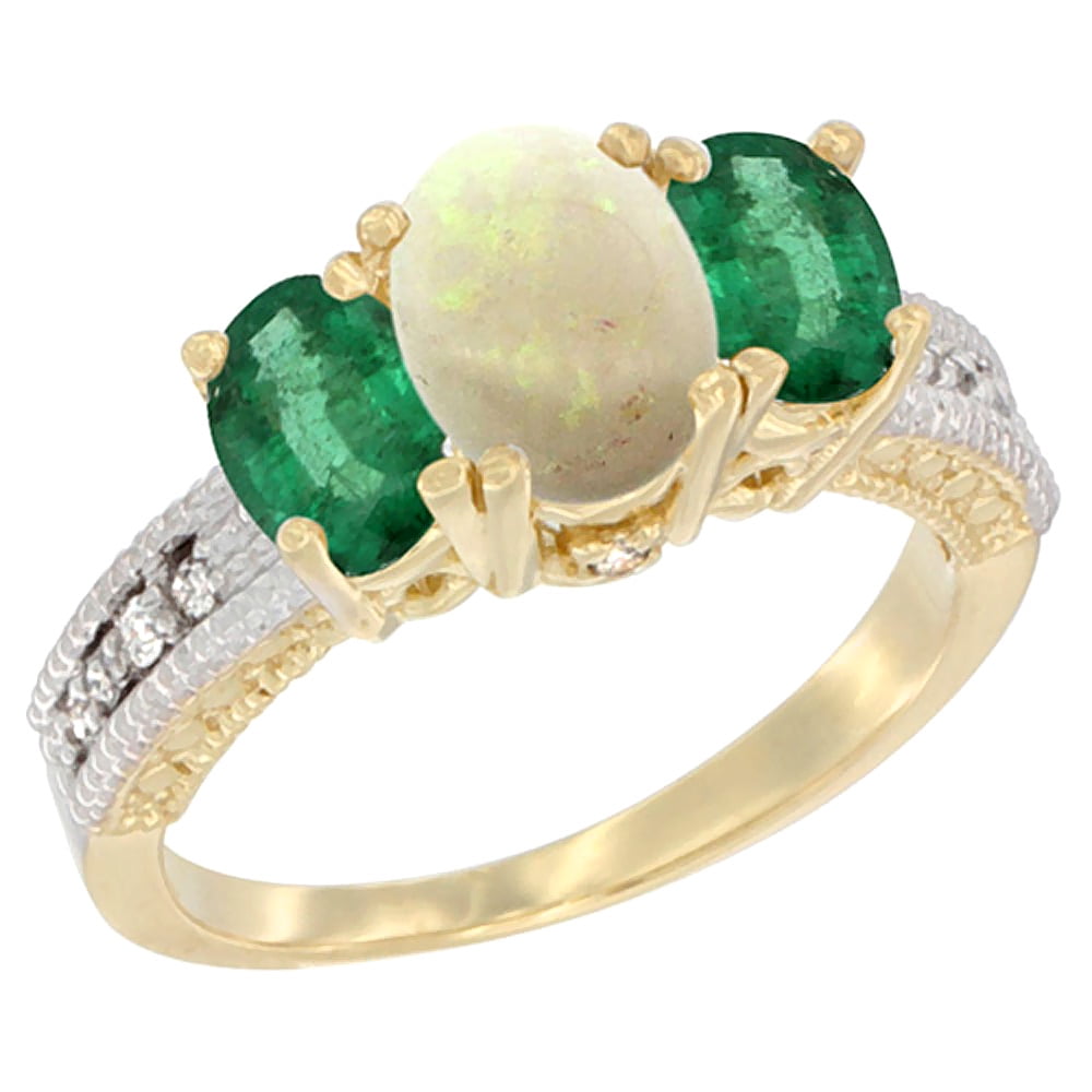 10K Yellow Gold Diamond Natural Opal Ring Oval 3-stone with Emerald, sizes 5 10 by WorldJewels