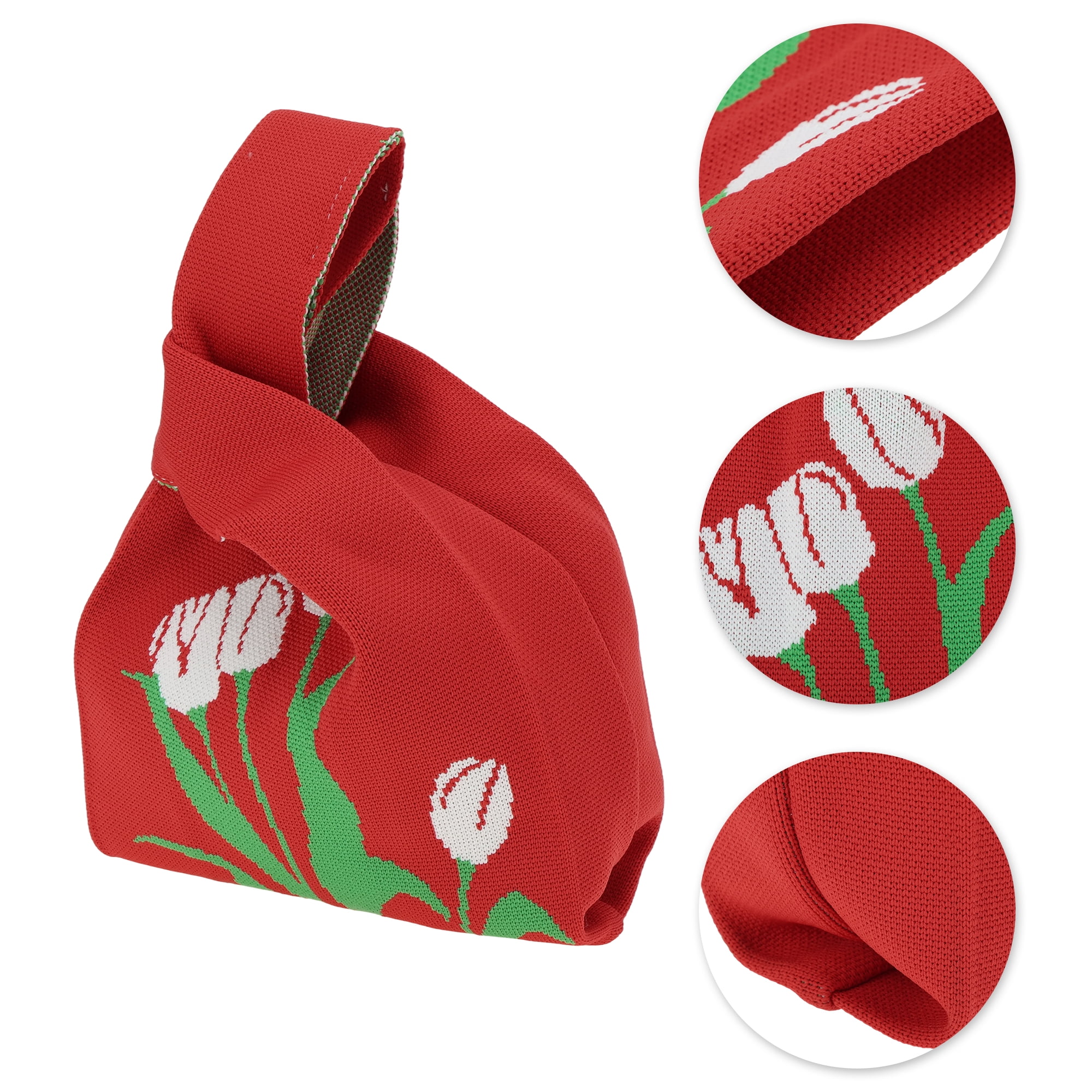 Unique Bargains Stylish Versatile Mini Flowers Knitted Wrist Bag for Women Red