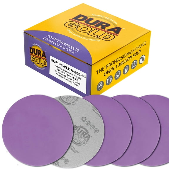 Dura-Gold Premium 800 Grit 6" Purple Film Ceramic Sanding Discs, Box of 50 - Hook & Loop Backing Sandpaper for DA & Random Orbital Sanders - Fast Sharp-Cut Abrasive, Sand Auto Paint, Woodworking