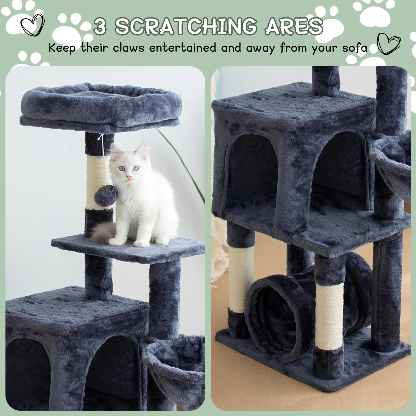 Senbonry Cat Tree for Indoor Cats with Scratching Posts 49in Small Gothic Tower with 9 Inchs Tunnel, Condo, Basket, Pompoms,Dark Gray