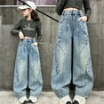 thumbnail image 4 of LRen Pull on Jeans for Girls Plus Size Comfortable Plain Color Denim Pants for Girls Teen Cargo Pants Waistband Stretchy Straight with Pockets,160,A-Blue, 4 of 6
