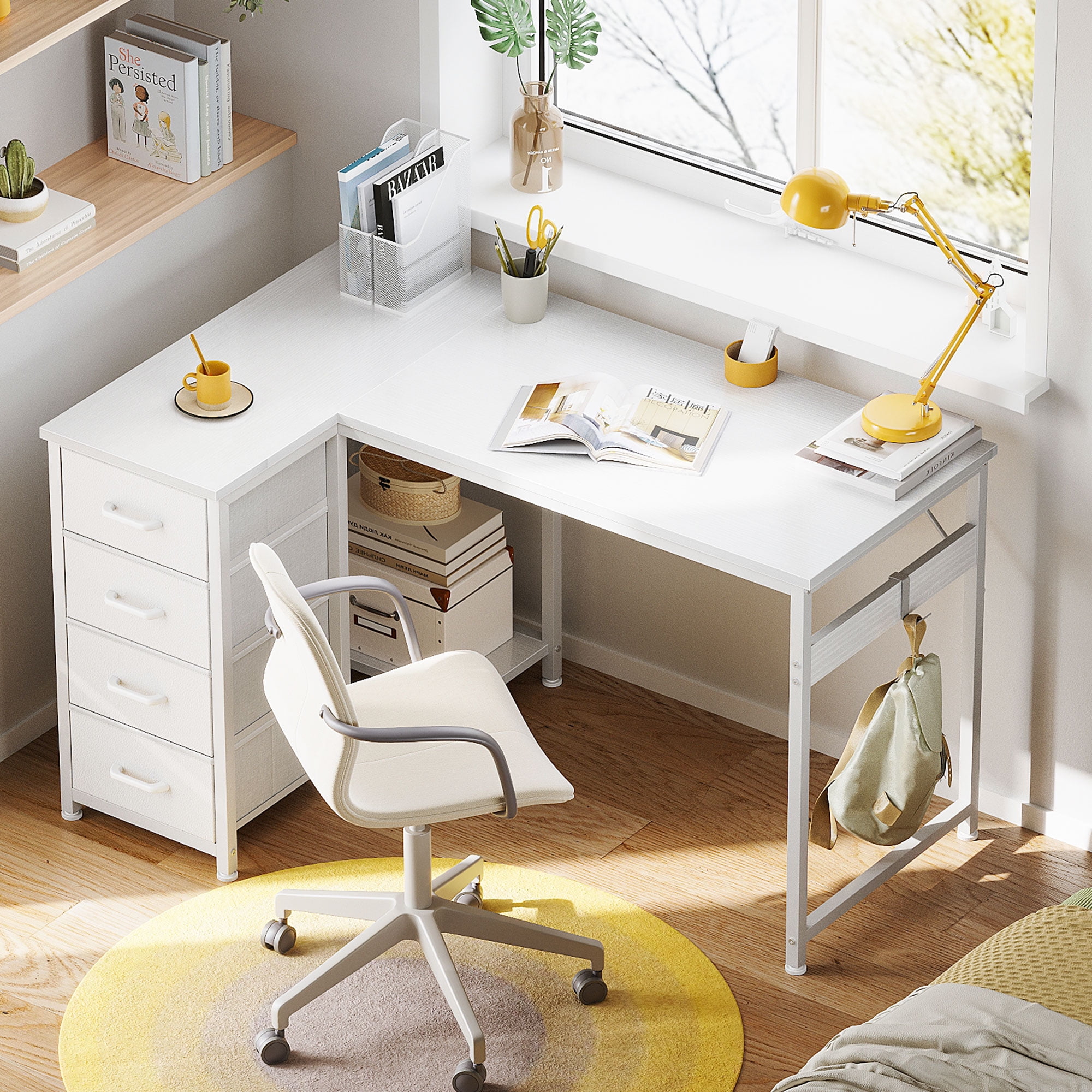 48 inch Computer Desk with 4 Fabric Drawers — Home Office Desks with Storage, Writing Desk with Side Hook, Desk Study/Work Table for Bedroom and Small Space, White