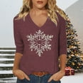 thumbnail image 2 of GBSYEWXS Christmas Women T-Shirts Dark Purple V-Neck Snowflake Print Comfortable Tops Relaxed 3/4 Sleeve Tee, 2 of 4