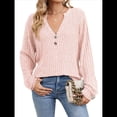 thumbnail image 3 of Camisa Henley de Larga para Mujer, Cuello en V, Suéteres Casuales Elegantes, Ropa de Moda para Otoño. Rosa M, 3 of 10