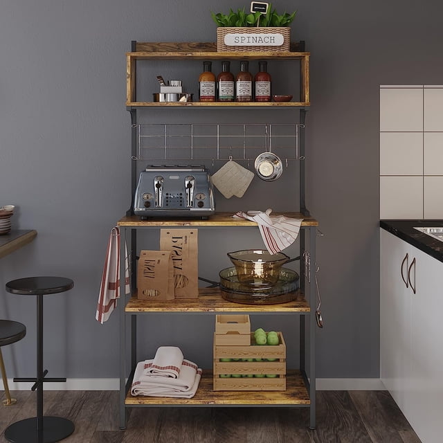 estante de cocina organizado con compartimentos múltiples pinmoco 8d-rst estante de 80x40x160 cm con cinco niveles: amplia mesa de trabajo, repisa para microondas, gabinete superior tipo caja y dos estantes inferiores; estructura de hierro negra y tableros marrón oscuro; marco de alambre rosa removible como panel trasero con 8 ganchos cromados y barra para toallas reversible; tableros P2 impermeables y resistentes a rayones y calor; apto como estación de horneado o rincón de café.