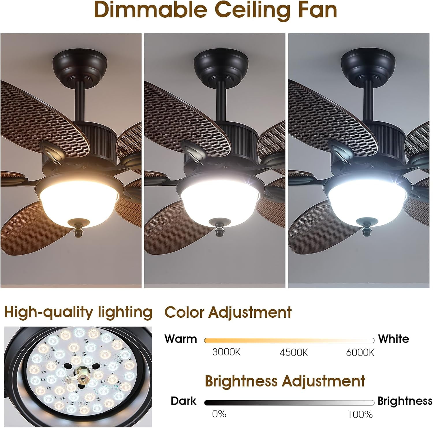 PHORUS 50" Tropical Ceiling Fan with Light and Remote/APP, Outdoor Waterproof Palm Leaf Ceiling Fan, 6 Speeds Quiet DC Motor, Wet Rated for Patio, Porch, Brown