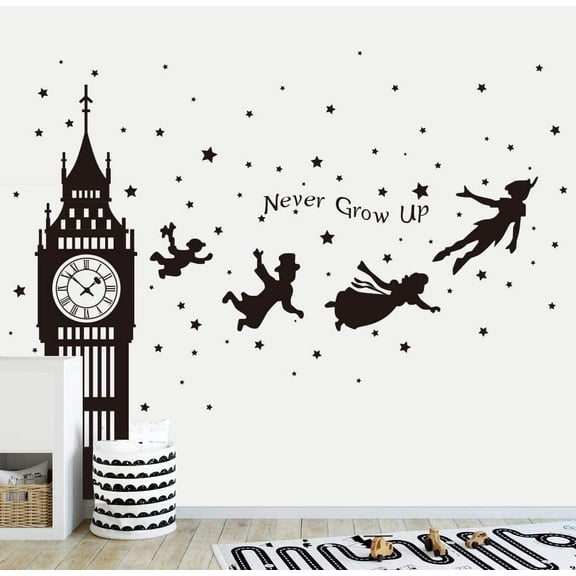 QTH Peter Pan Wall Decals Big Ben Clock Never Grow Up Quotes Stars Wall Stickers Baby Nursery Room Kids Bedroom Wall Decor [Black]