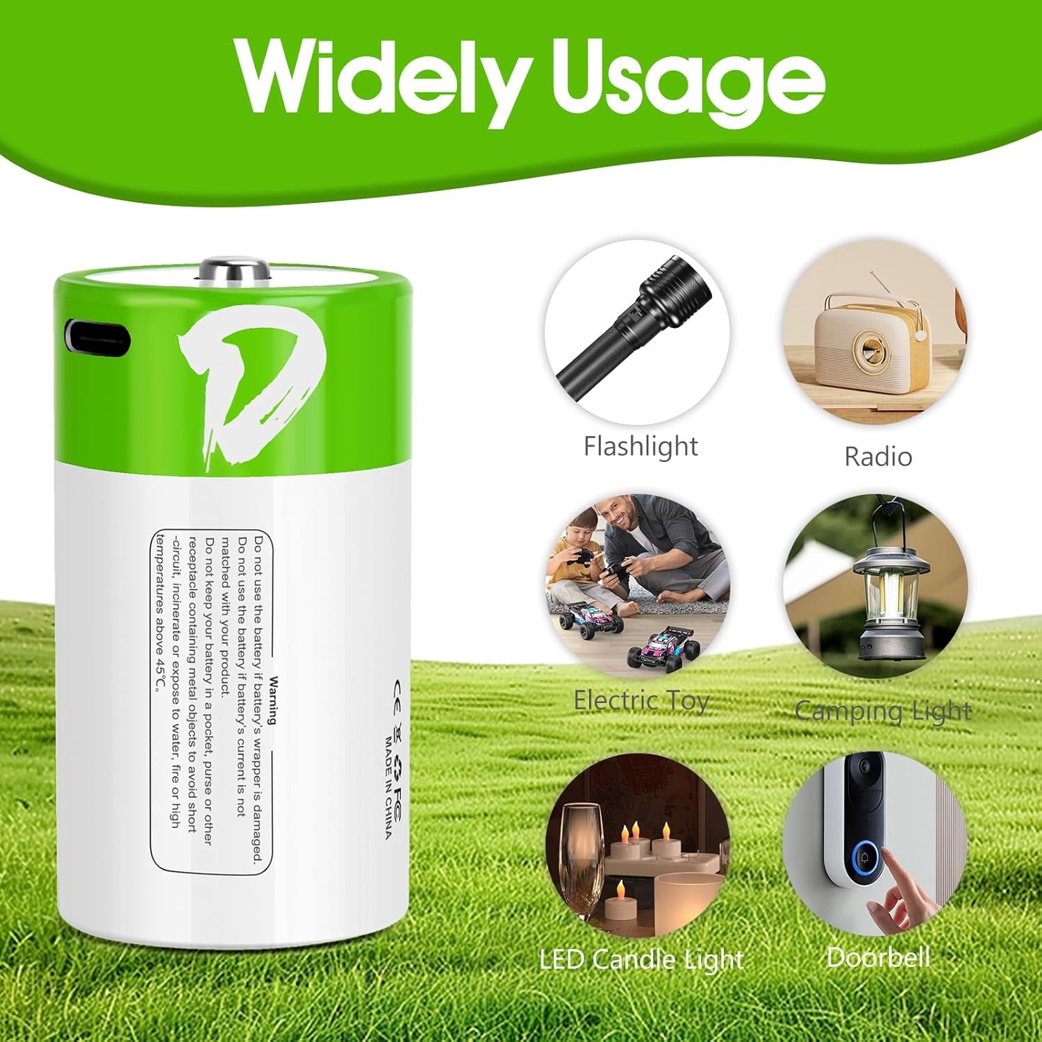 D Batteries Rechargeable 4 Pack with4 in 1 USBC Charging Cable Size Cell Lithium 7500mWh 1.5V for Flashlights, Toys, and Floodlights