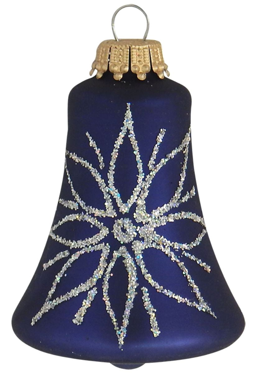 4ct Navy Blue Matte Glass Christmas Bell Ornaments with Silver