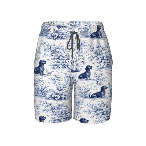 Blue And White Chinoiserie Dachshund Beach Pants Lightweight and Quick-Drying Teen Shorts with Mesh Lining and Drawstring