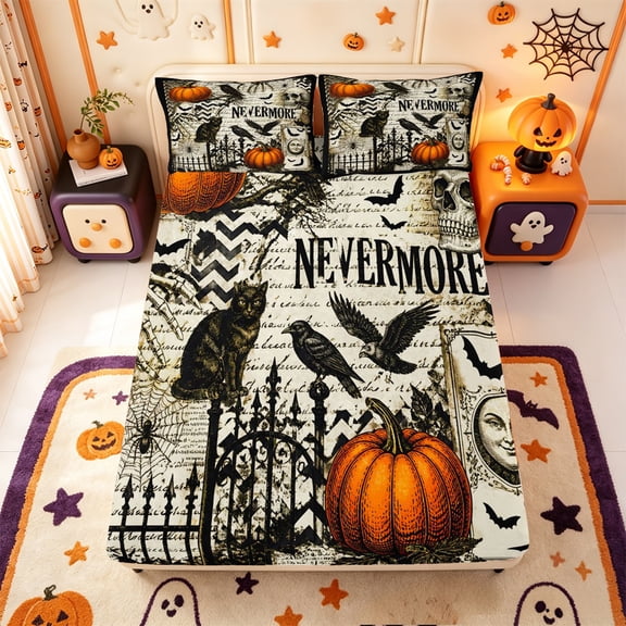 Manfei Cartoon Skull Fitted Sheet Full,Autumn Pumpkin Pattern Halloween Bed Set,3 Pieces,1 Fitted Sheet and 2 Pillowcases