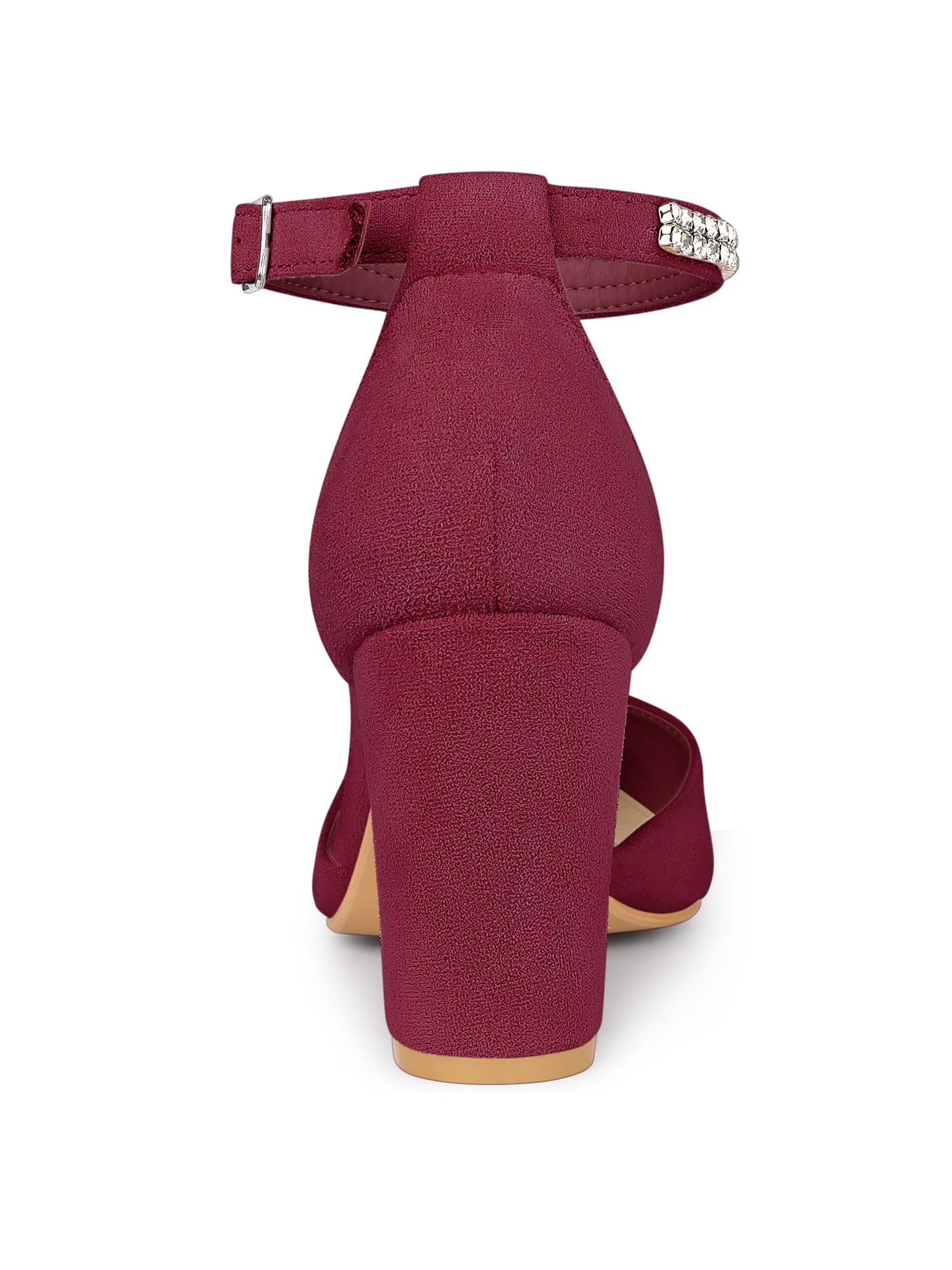 DARING DIVA Women's Pointed Toe Rhinestone Ankle Strap Chunky Heels Pumps Burgundy 10