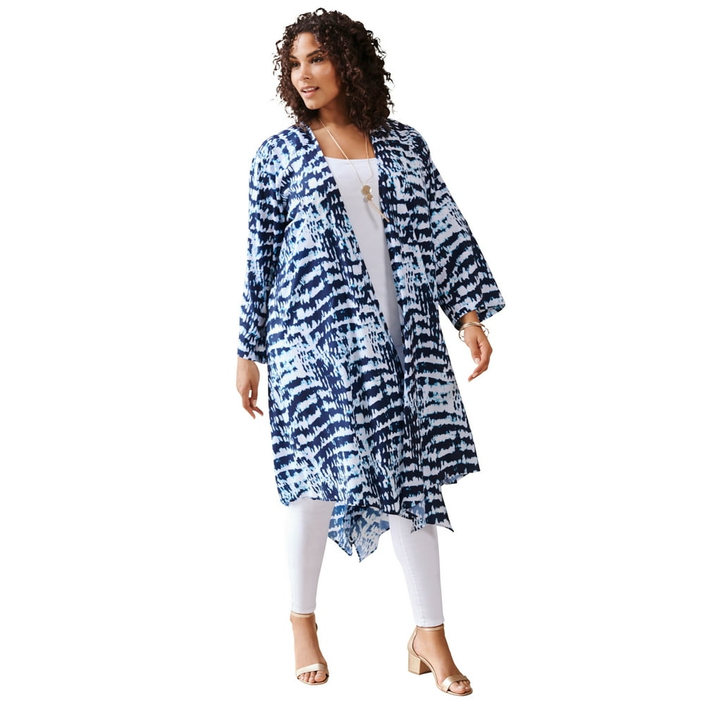 Roaman's Roaman's Women's Plus Size HankyHem Kimono M/L, Navy