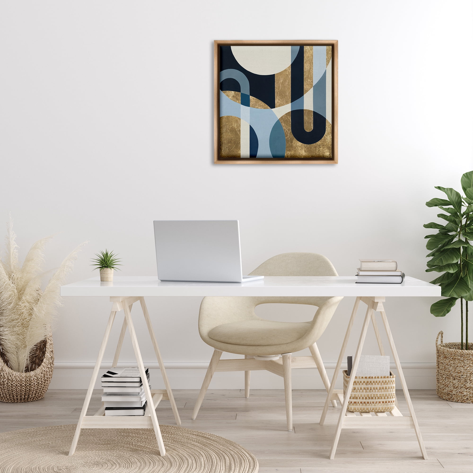 Stupell Industries Gold & Blue Circular Shapes Abstract Painting Brown Floater Framed Canvas Art Print Wall Art, 25 x 25