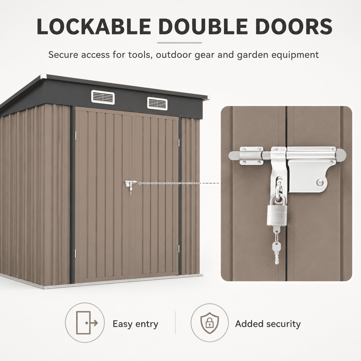 6x4ft Shed Outdoor Storage, All-weather Metal Garden Shed W/Floor, Galvanized Steel Tool Storage Shed, Double Lockable Doors, Brown
