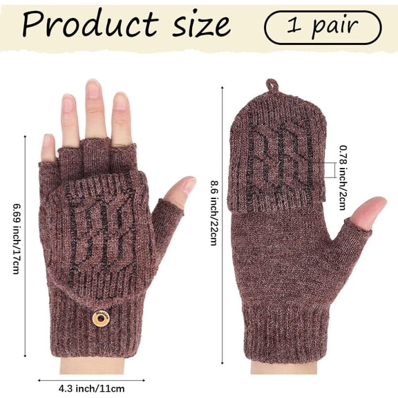 1 Pair Wool Gloves with Mitten Flap Cover Brown Winter Warm Soft Flip Top Insulation Thermal Knitted Fingerless Thumb Hole Wrist Mittens Bulk for Men Women Texting Driving Outings Activity