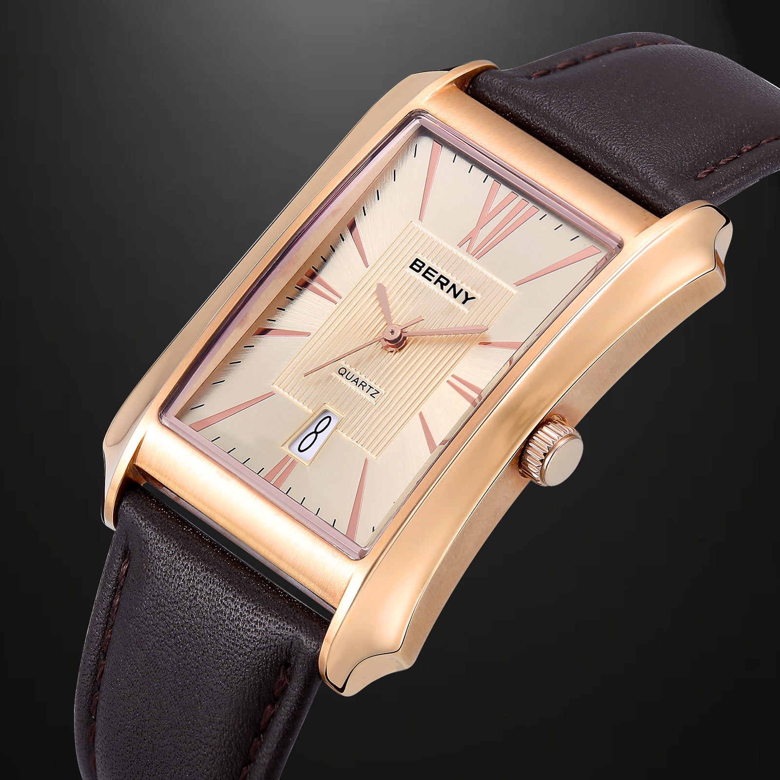 BERNY Men's Leather Watch, Vintage Stainless Steel Rectangular Case Roman Dial Dress Analog Watch with Date Calendar, Waterproof, Classic Business Quartz Wrist Watches for Men (Rose Gold)