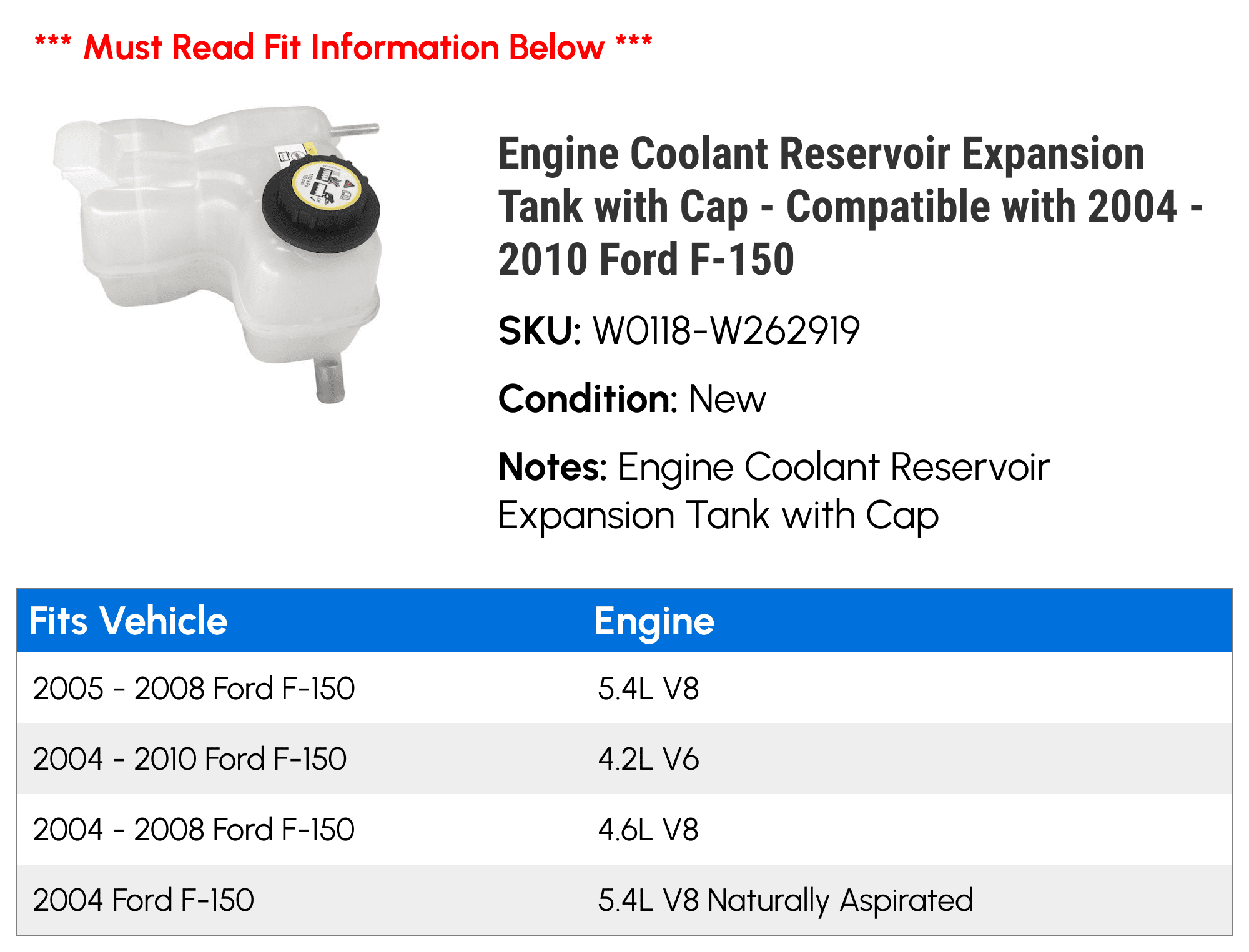 Engine Coolant Reservoir Expansion Tank with Cap - Compatible with 2004 - 2010 Ford F-150 2005 2006 2007 2008 2009