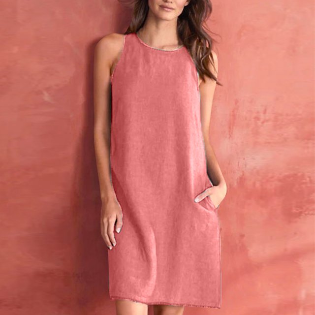 EGNMCR Robes de Fête pour Femmes Robe Débardeur Décontractée Sans Manches de Printemps/été pour Femmes, Unie, Ample, Col Rond, Plissée, en Coton et Lin