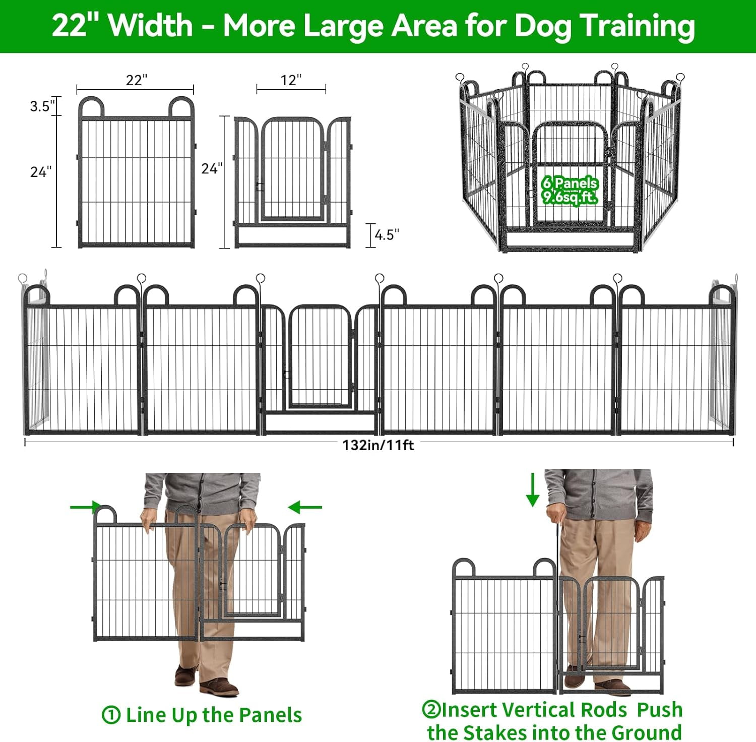 Puppy Playpen 6 Panels Small Dog Fence Outdoor Indoor Use 24" Height Anti-Rust with Doors Portable Dog Play Pen for RV Camping Yard, Total 11FT, 10 Sq.ft, Snowy Black