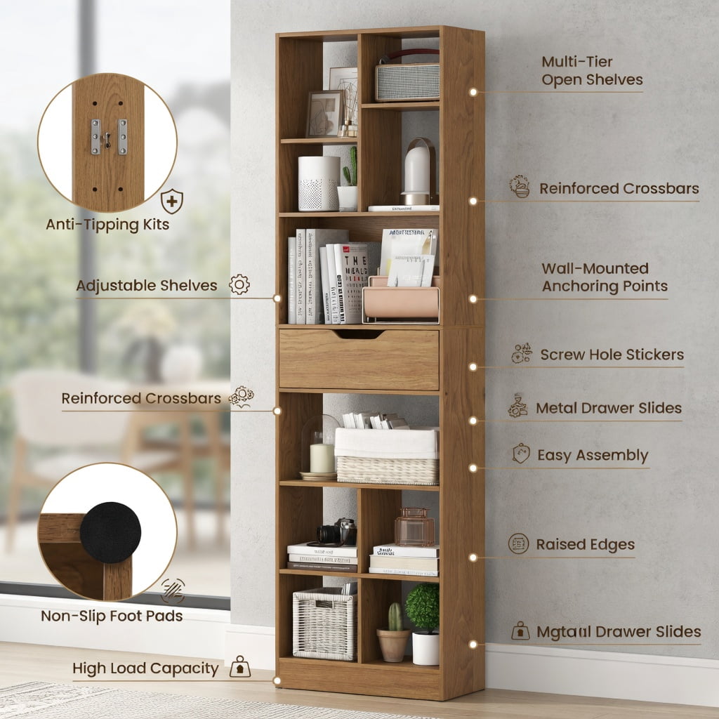 GVN 71inch Tall Freestanding Bookcase 10-Cube Storage Organizer with Drawer Multi-Use Open Shelves for Home Office Study Living Room Books Decor Display, Natural