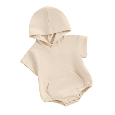 

Suealasg Infant Newborn Boys Girls Romper 3M 6M 12M 18M Baby Summer One Piece Clothes Short Sleeve Front Pocket Hood Bodysuit