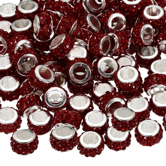 100 Pcs Large Hole Bead, 12mm Rhinestone European Beads for Bracelet Jewelry Making, Pen Crafts (Dark Red)