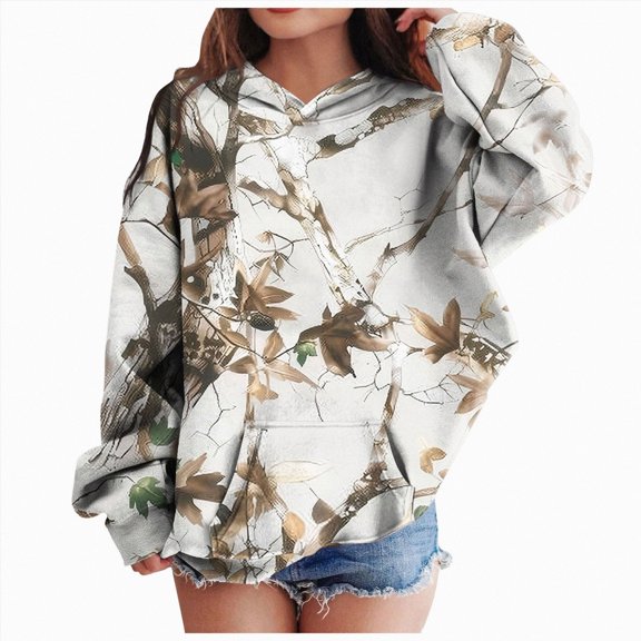 Linfrsh Camo Hoodie for Girl Maple Leaf Print Long Sleeved Pullover Sweatshirts with Pocket Fall Winter Trendy Casual Tops (White,2-3 Years)