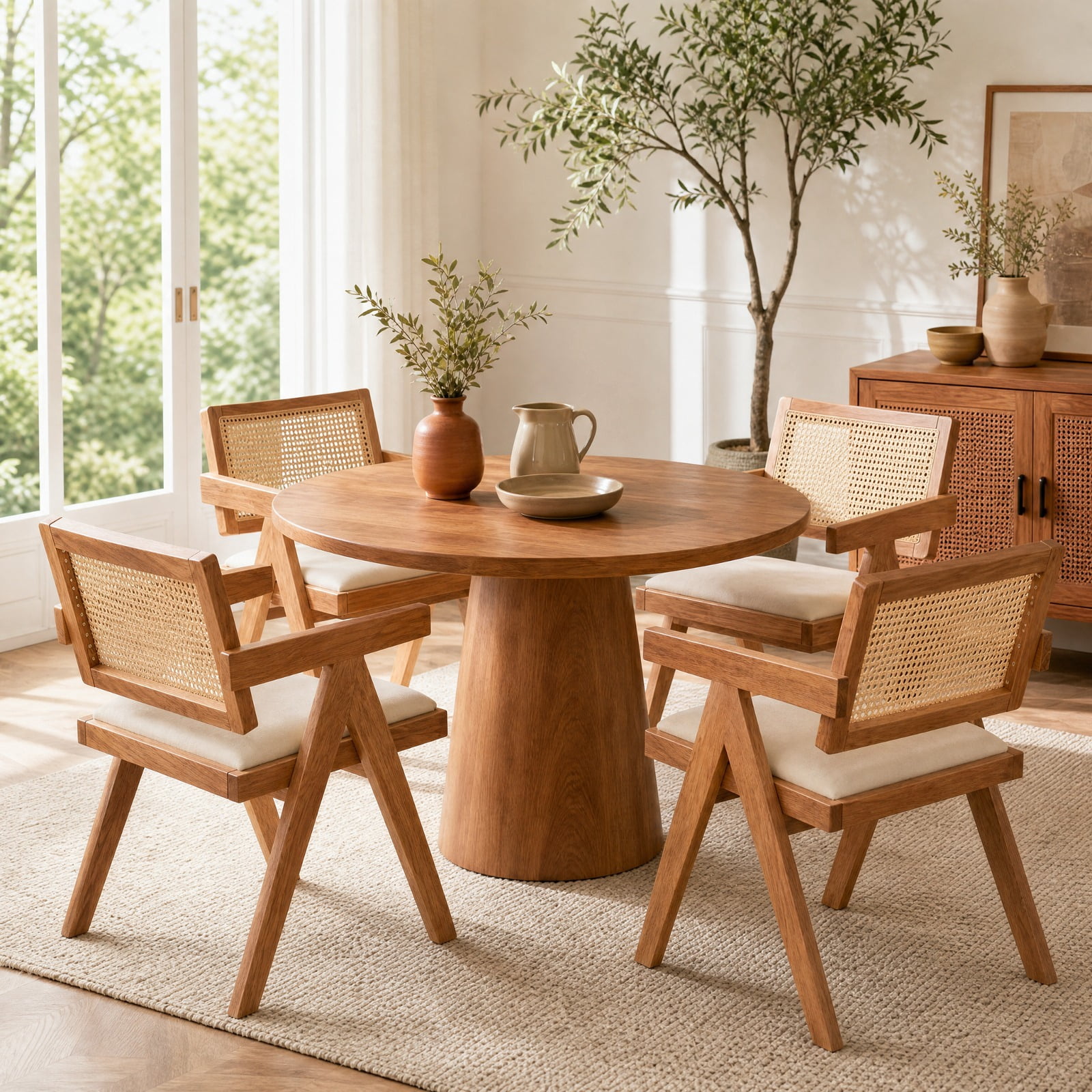 Furnibear Set of 2 Rattan Accent Chairs with Padded Cushion and Rubber Wood Frame for Dining Room Kitchen and Living Room, Beige