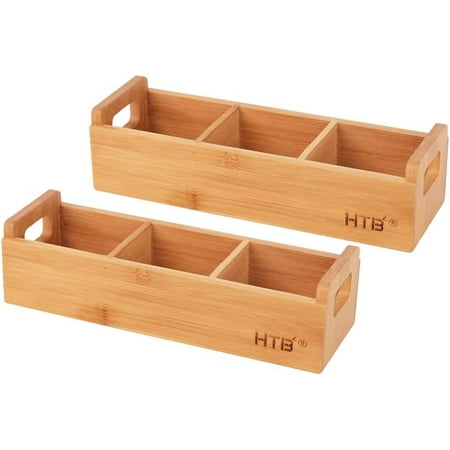 

Small Tea Bag Holder by HTB 2pcs Bamboo Tea Organizer 3 Compartments for Beverage Suppliers Sugar Sweeteners Individual Packets Portable Tea Bag Organizer for Home Kitchen Counter or Office (Bamb