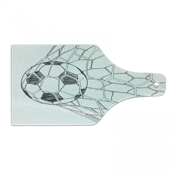 Soccer Cutting Board, Soccer Ball in Net Goaly Position Sports Competition Spectators Hand Drawn Style, Tempered Glass Cutting and Serving Board, Wine Bottle Shape, Black White, by Ambesonne